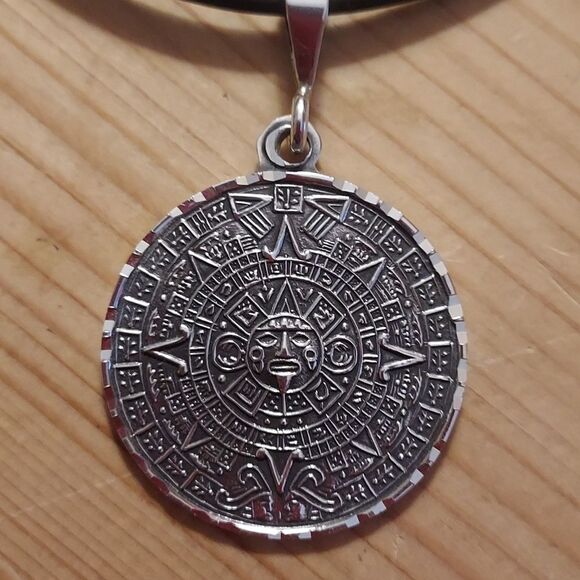 Silver Aztec Calendar necklace black cord pendant sun necklace sterling silver - Picture 1 of 5